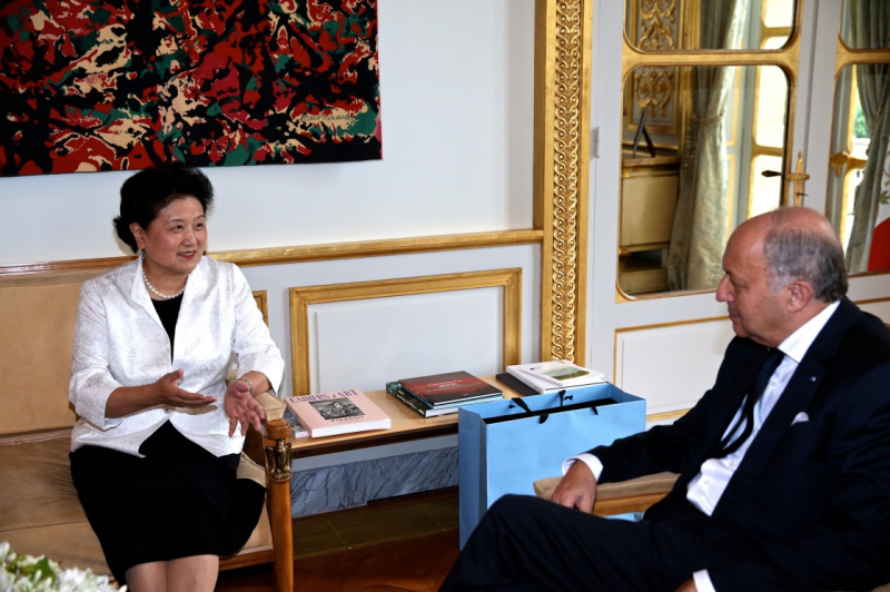 6月29日，国务院副总理刘延东（左）在巴黎法国宪法委员会会见法国宪法委员会主席法比尤斯。新华社记者 金宇 摄