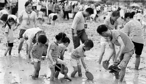 16日,游客在湖北宜昌市夷陵区分乡镇南垭稻田体验抓泥鳅活动。中秋小长假期间,当地举办田园农趣休闲活动,吸引千余游客共庆中秋佳节。张国荣 摄